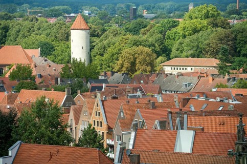 Aerial view, old town with fortified tower Buddenturm or Pulverturm, Münster, North