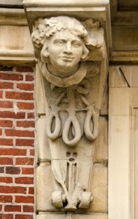 Traditional Westphalian Mettwurst sausage, detail on the facade of the Erbdrostenhof building,