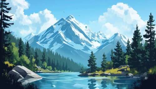 Scenic Mountain And Lake View In A4 Size Illustration. Panoramic Landscape With Mountain And Lake