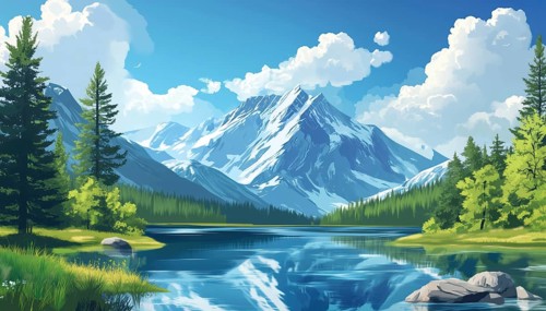Scenic Mountain And Lake Scene In A4 Size. Featuring Detailed Illustrations Of A Landscape With