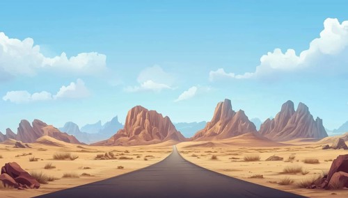 Majestic Peaks And Boulders In A Barren Desert Setting: A Desert Road Cutting Through The Vast