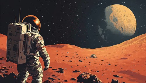 Space Scenes: Showing The Moon Landing And Mars Landing Without Using Transparency Or Gradients. A