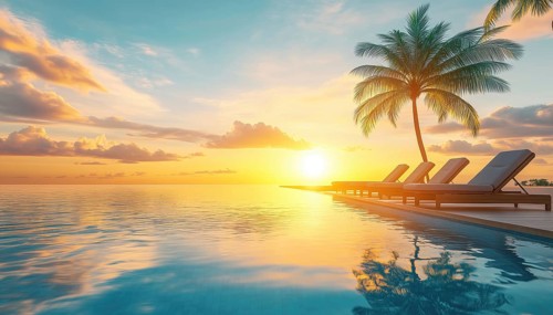 Luxurious Poolside And Sunny Sky: Stunning Tropical Beachscape With Deck Chairs, Loungers, And Palm