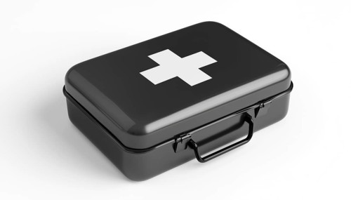 Black And White First Aid Kit: A Symbol Of Emergency Aid. A Simple Yet Essential Item For Providing