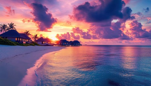 Luxurious Sun Panorama In The Maldives: Resort Villas With Soft Led Lights, Twilight Sky, And