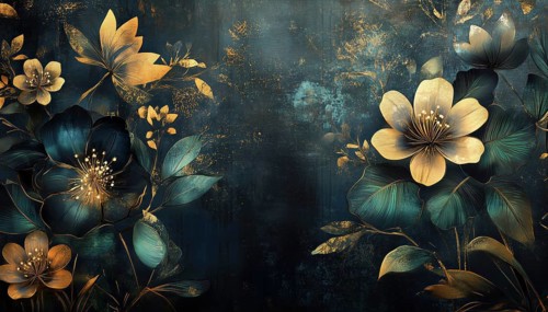 Luxurious Gold And Black Floral Wall Art With Dark Blue And Green Accents, Shiny Golden Light,