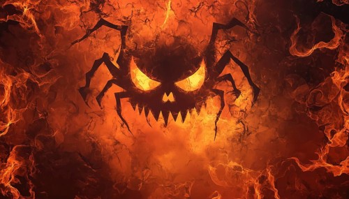 Spooky Halloween Design: Chaotic Spider Pattern, Gloomy Lighting, Pumpkin Faces, Ghosts, Mask