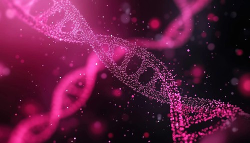 Genetics, Biotechnology, Molecular, Biology: Dna Strand And Particles Image On Pink And Black