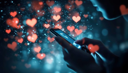 Caucasian Using Smartphone Surrounded By Multiple Floating Hearts With Increasing Numbers In A
