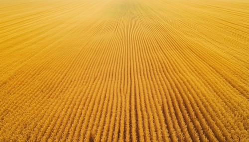 Lush Golden Grain Fields: A Stunning Aerial View Of Ripened Wheat, Flourishing Crops, And Blooming