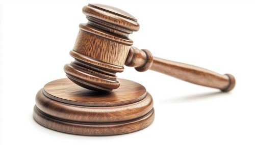 Wooden Auction Hammer With Stand For Legal Use And Adjudication In White Background. Symbol Of Law,