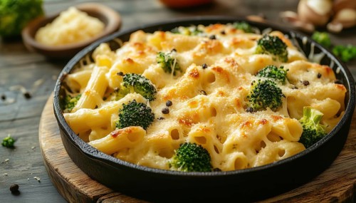 Cheesy Baked Penne Pasta With Broccoli And Chicken, Topped With Gratin Sauce: A Delicious