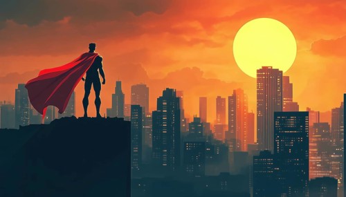Superhero Keeping Watch Over City With No Transparency And Utilizing Simple Ar Gradients. A