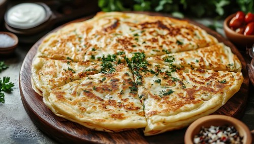 Authentic Turkish Cuisine: Crispy Gozleme With Cheese And Herbs, A Traditional Turkish Pancake