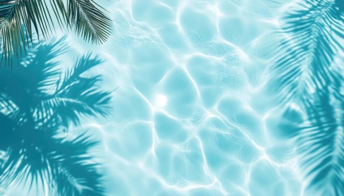 Top View Of A Tropical Summer Mockup With Aqua Waves, Palm Shadows, And Blue Water Pool For A