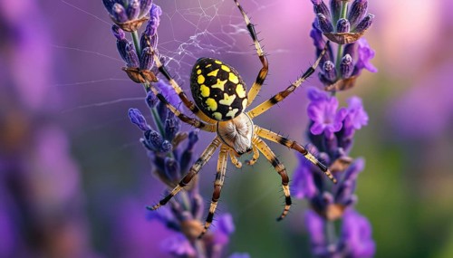 Close-Up Of Yellow And Black Orb Spider, Also Known As Argiope Bruennichi, Captured On Lavender