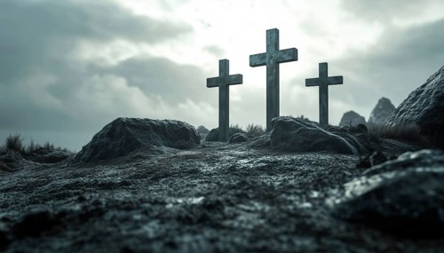 Three Crosses On A Gray Background Representing Calvary. The Crosses Are Illuminated By Light, With