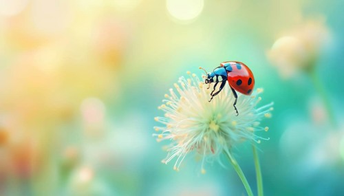 Gorgeous Ladybug Perched On Unique Fluffy Flower Plant In Natural Summer Spring Setting: Stunning