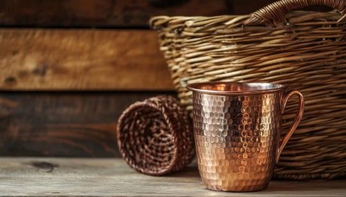 Antique Copper Cup And Basket Displayed In Empty Setting: A Vintage Display Of Elegance And Charm