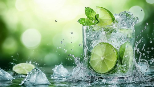 Hand Drawn Mojito Cocktail Splashing On The Water. Great For Menus, Bars, Cafes, Restaurants,