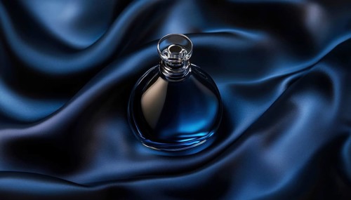 Realistic Perfume Bottle On Silk Fabric With Dark Blue Liquid, Mock Packaging For Scent Fragrance