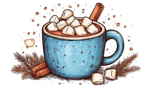 Handcrafted Mug Of Hot Chocolate Or Cocoa With Marshmallows: A Cozy Winter Doodle. Perfect Seasonal