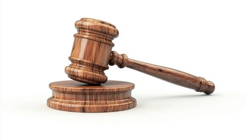 Wooden Auction Hammer With A Stand For Judge'S Adjudication On A White Background: Symbolizing Law,
