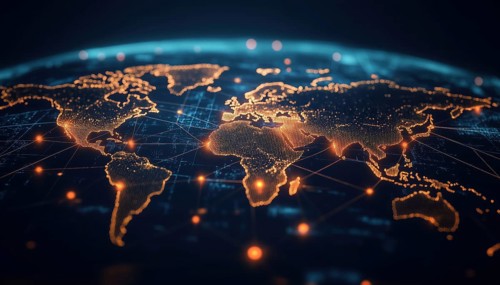 Digital Image Showing Network Connections Across World Map With A Black Background. Focus On