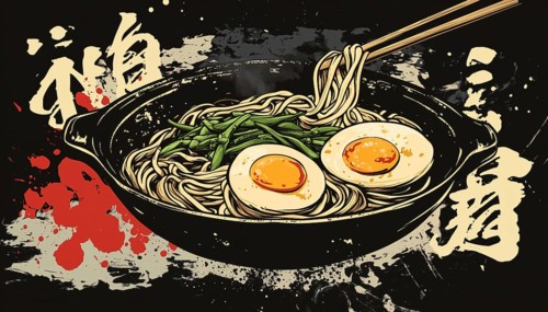 Traditional Japanese Dish Sticker: Hand-Drawn Soba With Stylized Lettering And Ink Drops. Featuring