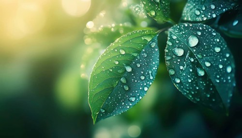 Serenity In The Outdoors: Calming Shades Of Blue And Green, Close-Up Of Morning Dew On Leaves Under