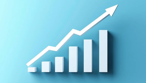 White Graph Bar With Long Shadow On Blue Background Depicting A Growing Bar Graph With Rising Arrow