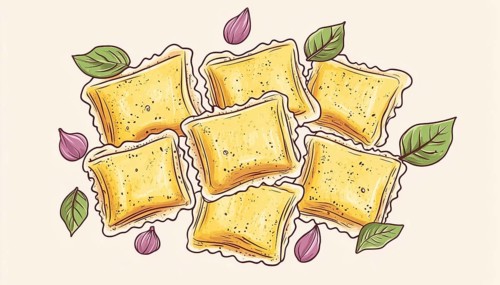 Hand-Drawn Doodle Of Ravioli Pasta Card For Italian Cuisine. Ideal For Menu, Cafe, Restaurant, Bar,