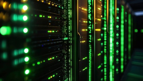 Glowing Green Ambient Light Illuminating Rows Of Servers In Data Center: Technology, Network,