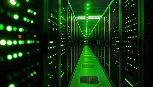 Glowing Green Ambient Light Illuminating Rows Of Servers In Data Center: Technology, Network,