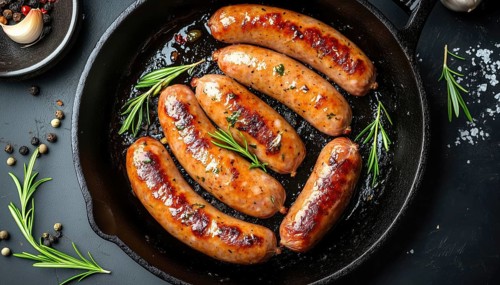 Top-Down View Of Cast Iron Pan With Grilled Pork Sausages On A Barbecue Or Grill. Juicy And