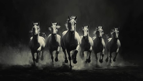 A Stunning Scene Of Gray Scale Horses Galloping Towards The Viewer In A Majestic Herd - A