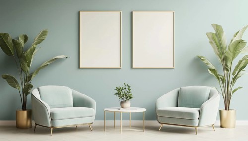 Pastel Interior Classic Mock-Up Poster Featuring Soft Armchairs, Plant, And Lamps - Rendered Design