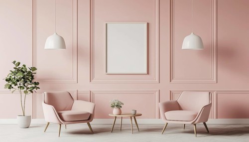 Pastel Interior Classic Mock Up Poster Featuring Soft Armchairs, Plant, And Lamps: High-Quality