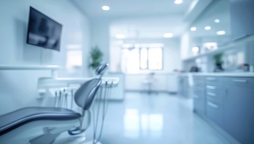 Blurred Interior Of Contemporary Dental Clinic: A Defocused View Of A Modern Dental Office Setting
