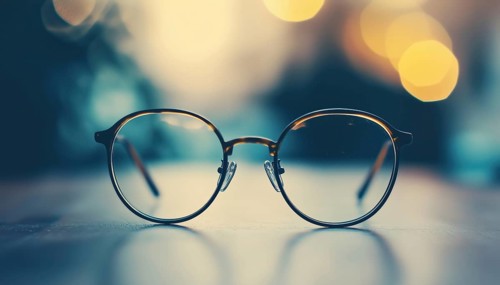 Close-Up Of Progressive Lens Eyeglasses On Table For Elderly Individuals, Enhancing Vision Clarity