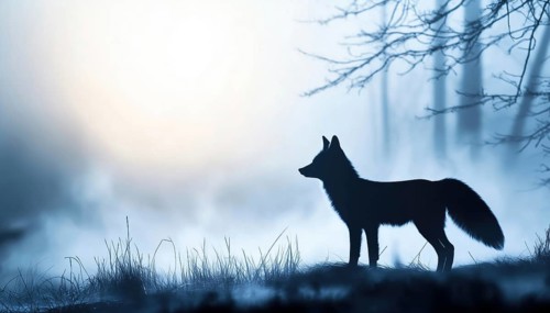 Magical Misty Landscape: Fox Silhouette Standing On Meadow In Forest With Trees, Grass, And Blue