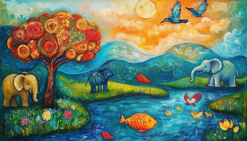 Semi-Abstract Fantasy Oil And Acrylic Painting Depicting A Tree, Fish, Elephant, And Bird In