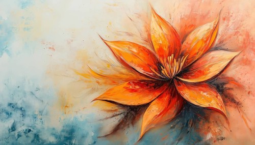 Hand-Painted Abstract Oil Painting Of Full Flower With Orange, Red, Yellow Leaf: Perfect Nature Of