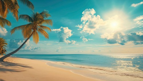 Sun-Kissed Tropical Paradise: Relaxing On The Island Beach With Coconut Palm Trees, Perfect For