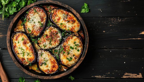 Delicious Baked Eggplant With Parmesan Cheese On A Stylish Black Wooden Surface. Plenty Of Room For