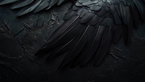 Spooky Halloween Decor: Black Raven Feathers On A Dark Grunge Background. Creepy Gothic Abstract