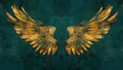 Luxurious Gold Bird Wings With Abstract Symmetry On Dark Teal Blue Green Background: A Stunning
