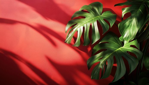 Premium Mockup Featuring Monstera Shadow And Sunlight On Red Wall For Presentation, Branding