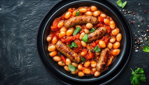 Sausage And Bean Casserole: Served On A Dark Plate With Tomato Sauce, Top View. Ample Space For