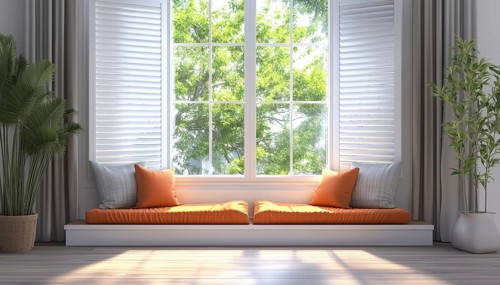 Interior Decoration: Window Treatments, Curtains, Blinds, Drapes, And Shutters In A Home Room With